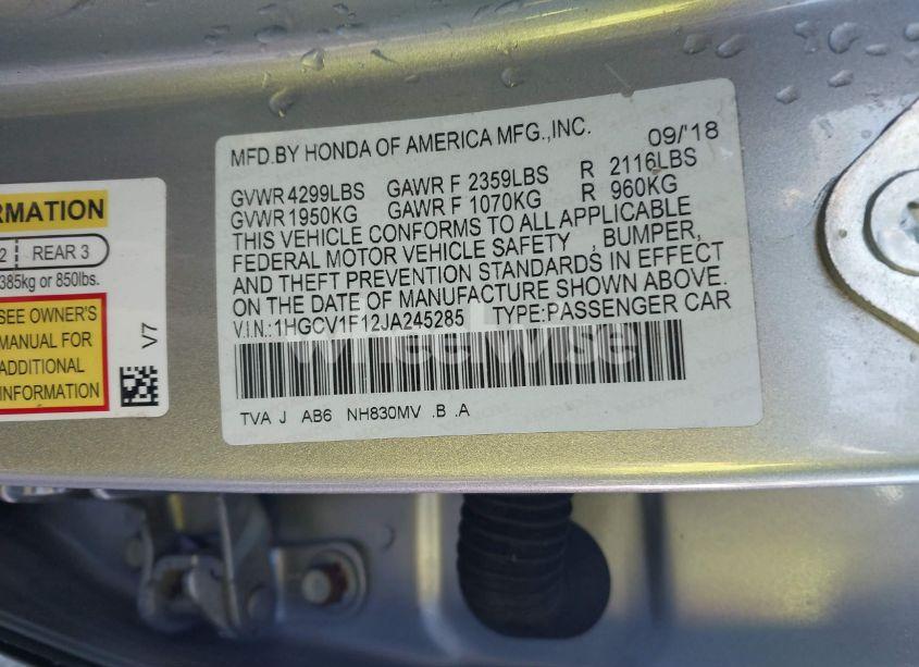 Photo 9 of 2018 Honda Accord LX (VIN 1HGCV1F12JA245285)