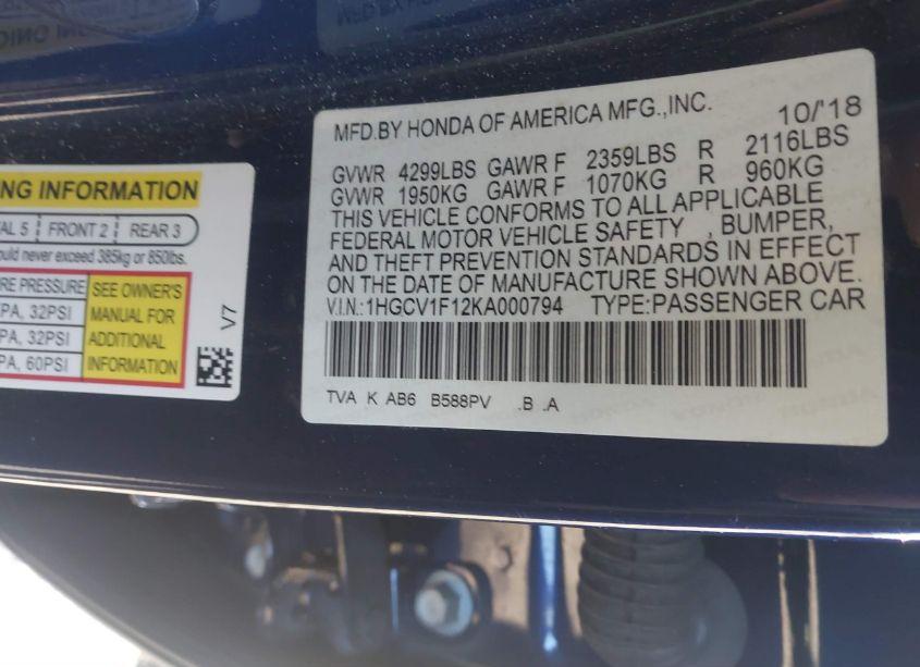 Photo 9 of 2019 Honda Accord LX (VIN 1HGCV1F12KA000794)