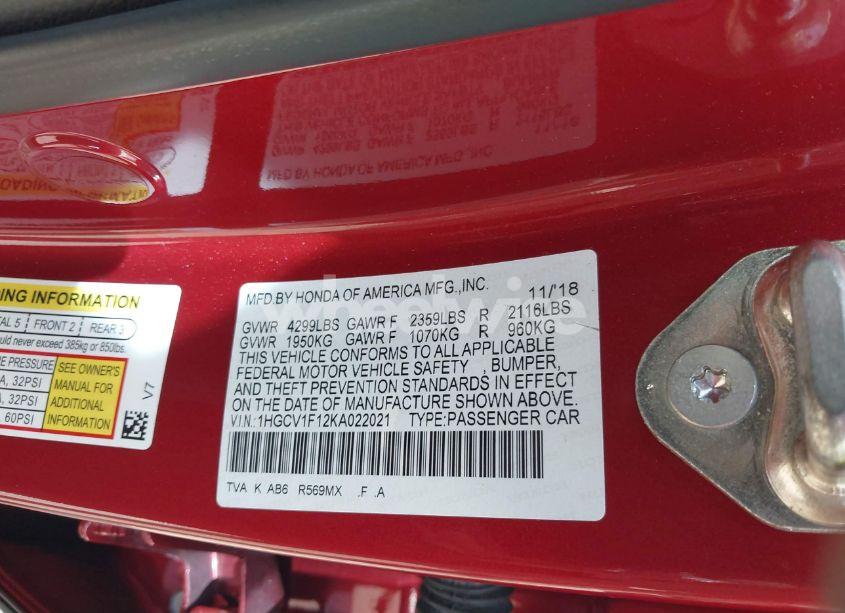 Photo 9 of 2019 Honda Accord LX (VIN 1HGCV1F12KA022021)