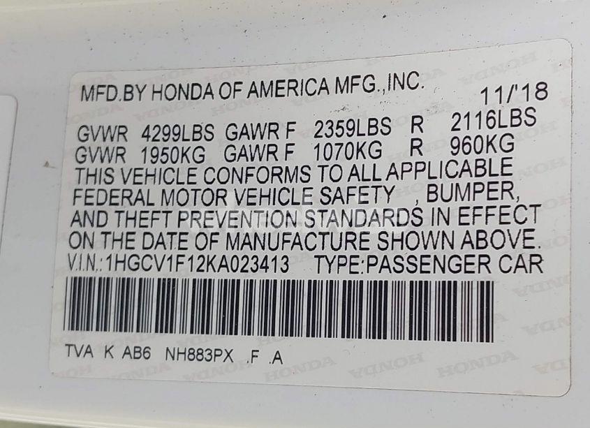 Photo 9 of 2019 Honda Accord LX (VIN 1HGCV1F12KA023413)