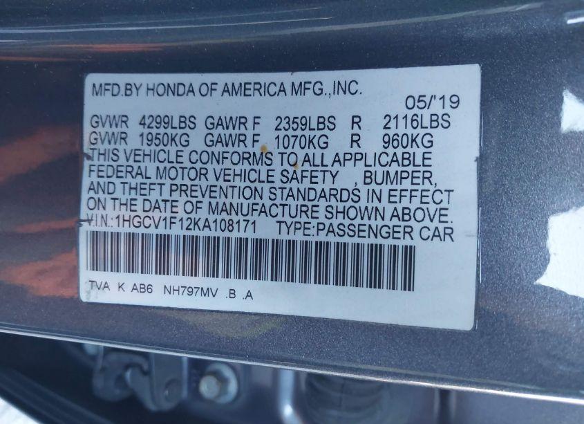 Photo 9 of 2019 Honda Accord LX (VIN 1HGCV1F12KA108171)