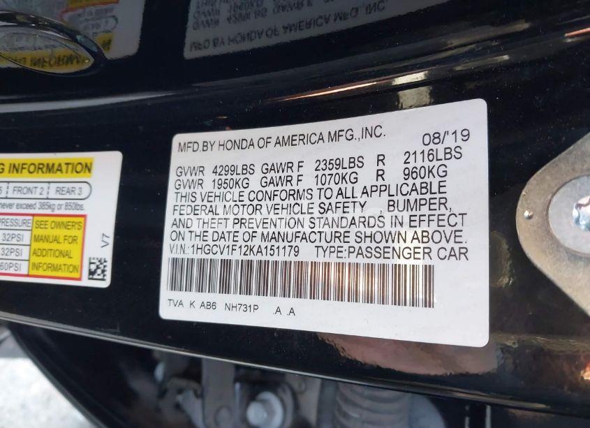 Photo 9 of 2019 Honda Accord LX (VIN 1HGCV1F12KA151179)