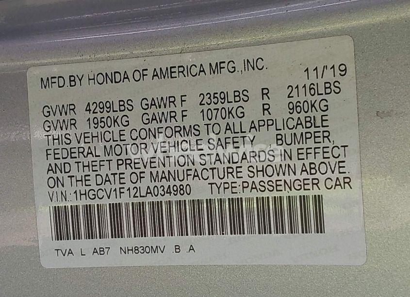 Photo 9 of 2020 Honda Accord LX (VIN 1HGCV1F12LA034980)