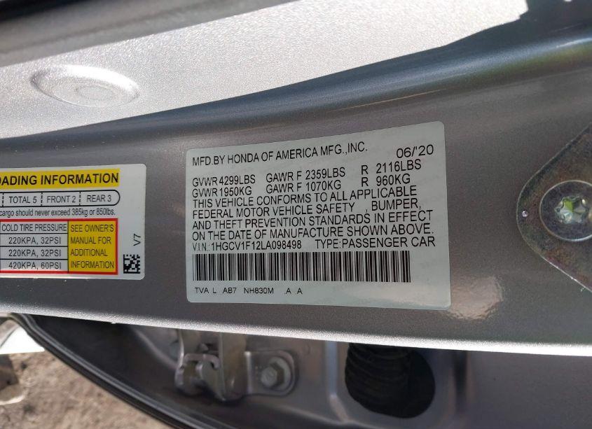 Photo 9 of 2020 Honda Accord LX (VIN 1HGCV1F12LA098498)