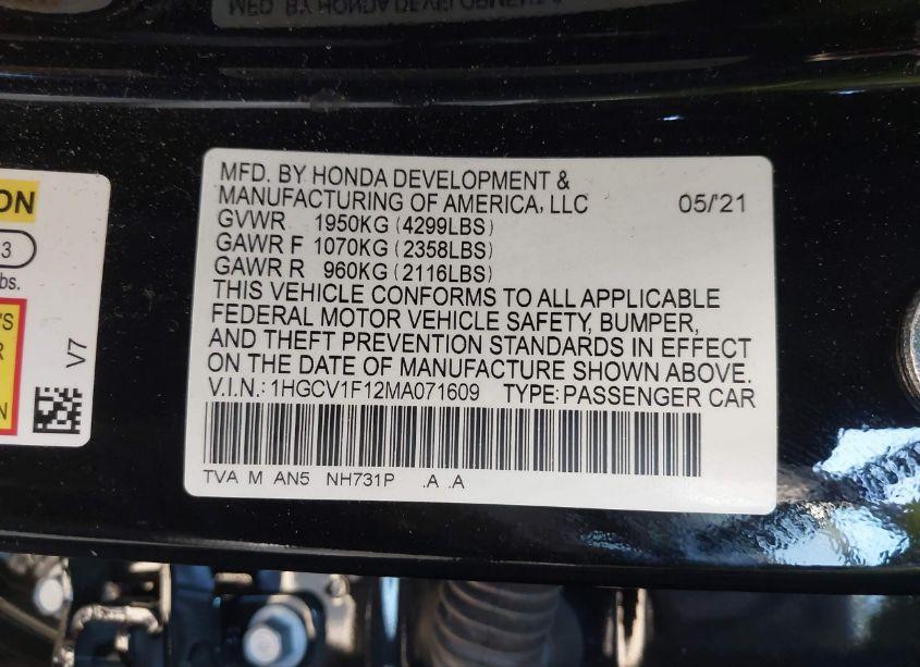 Photo 9 of 2021 Honda Accord LX (VIN 1HGCV1F12MA071609)