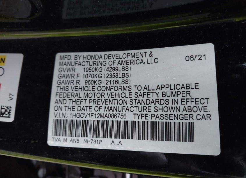 Photo 9 of 2021 Honda Accord LX (VIN 1HGCV1F12MA086756)