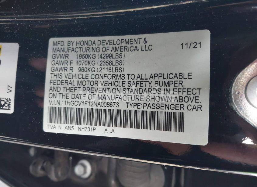 Photo 9 of 2022 Honda Accord LX (VIN 1HGCV1F12NA008673)