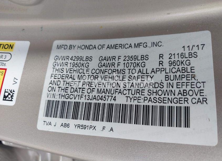 Photo 9 of 2018 Honda Accord LX (VIN 1HGCV1F13JA045774)