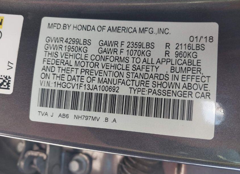 Photo 9 of 2018 Honda Accord LX (VIN 1HGCV1F13JA100692)