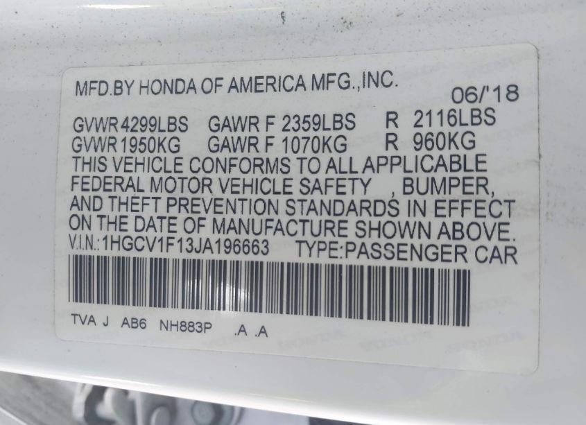 Photo 9 of 2018 Honda Accord LX (VIN 1HGCV1F13JA196663)