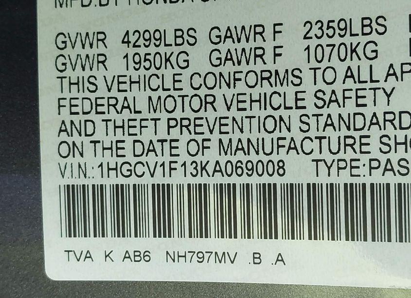Photo 9 of 2019 Honda Accord LX (VIN 1HGCV1F13KA069008)