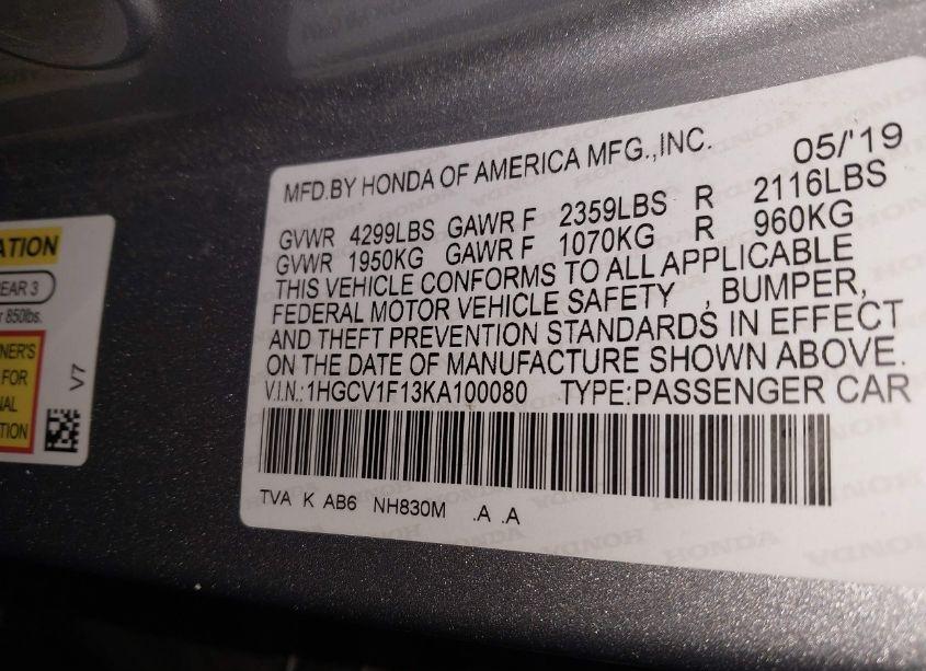 Photo 9 of 2019 Honda Accord LX (VIN 1HGCV1F13KA100080)