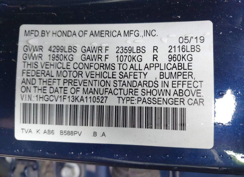 Photo 9 of 2019 Honda Accord LX (VIN 1HGCV1F13KA110527)