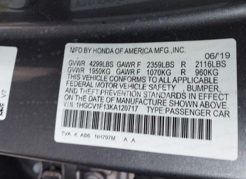 Photo 9 of 2019 Honda Accord LX (VIN 1HGCV1F13KA120717)