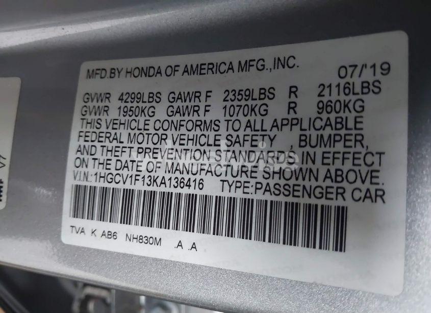 Photo 9 of 2019 Honda Accord LX (VIN 1HGCV1F13KA136416)