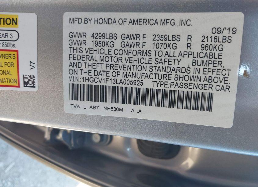 Photo 9 of 2020 Honda Accord LX (VIN 1HGCV1F13LA005925)