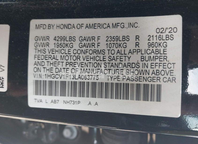 Photo 9 of 2020 Honda Accord LX (VIN 1HGCV1F13LA063775)