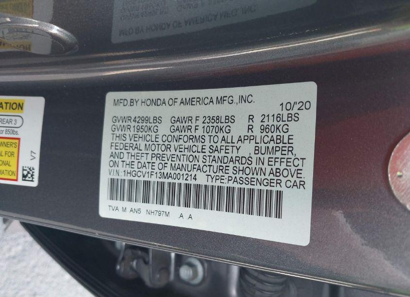Photo 9 of 2021 Honda Accord LX (VIN 1HGCV1F13MA001214)