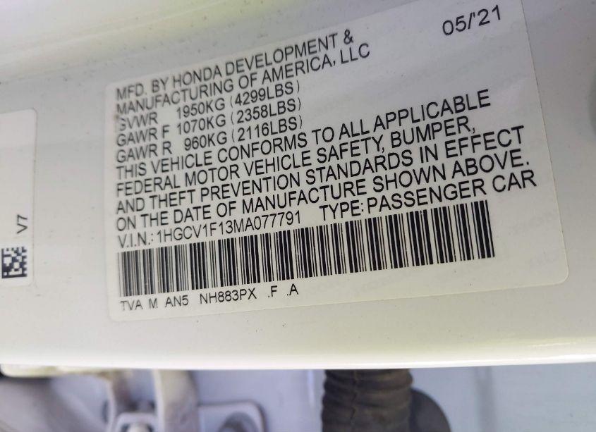 Photo 9 of 2021 Honda Accord LX (VIN 1HGCV1F13MA077791)