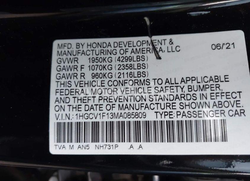 Photo 9 of 2021 Honda Accord LX (VIN 1HGCV1F13MA085809)