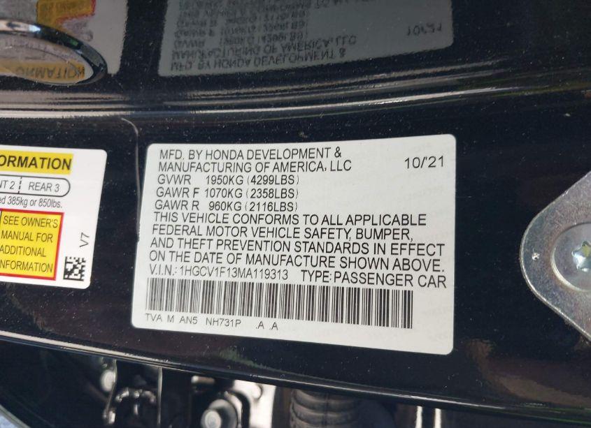 Photo 9 of 2021 Honda Accord LX (VIN 1HGCV1F13MA119313)