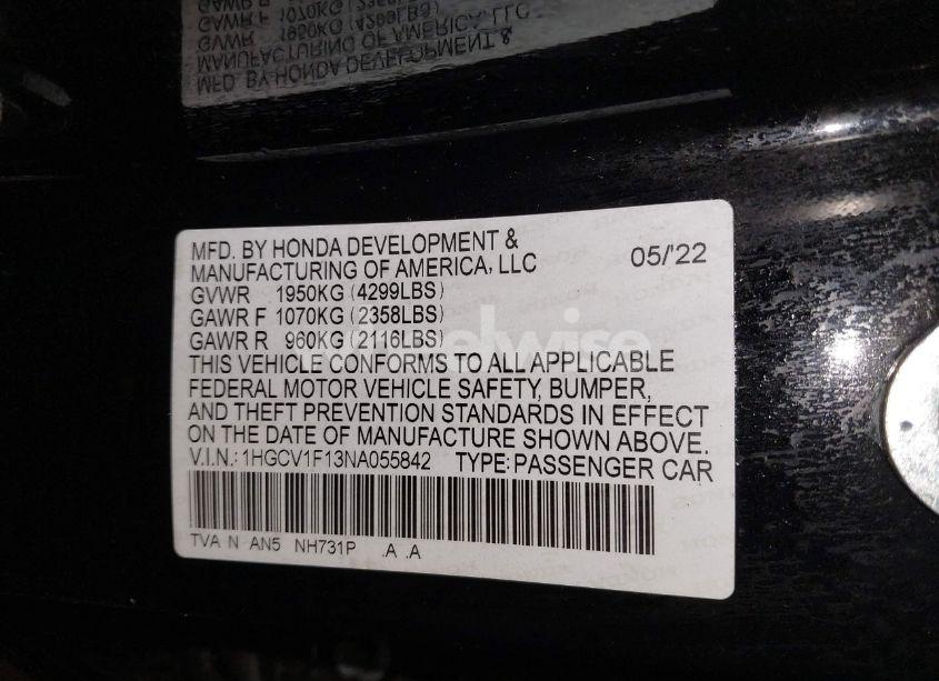 Photo 9 of 2022 Honda Accord LX (VIN 1HGCV1F13NA055842)