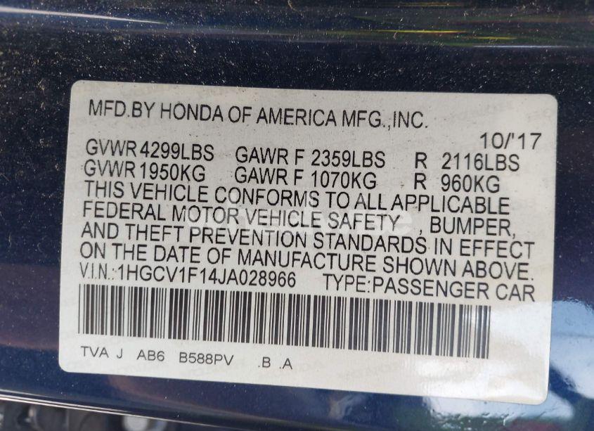 Photo 9 of 2018 Honda Accord LX (VIN 1HGCV1F14JA028966)