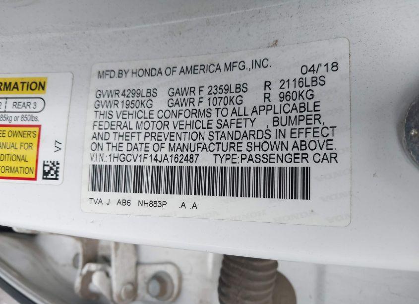 Photo 9 of 2018 Honda Accord LX (VIN 1HGCV1F14JA162487)