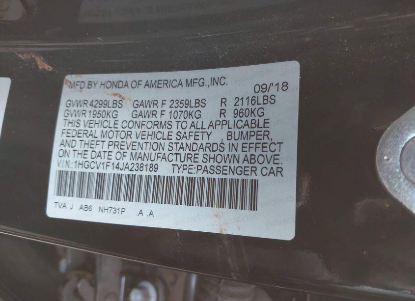 Photo 9 of 2018 Honda Accord LX (VIN 1HGCV1F14JA238189)