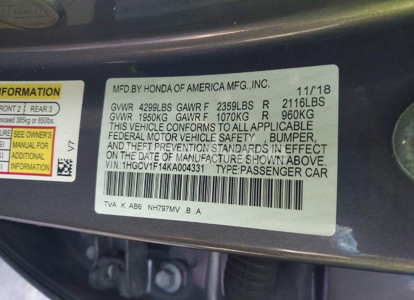 Photo 9 of 2019 Honda Accord LX (VIN 1HGCV1F14KA004331)