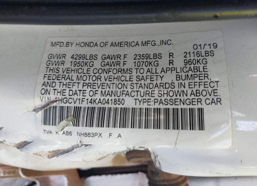 Photo 9 of 2019 Honda Accord LX (VIN 1HGCV1F14KA041850)