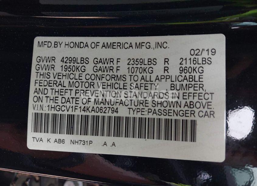 Photo 9 of 2019 Honda Accord LX (VIN 1HGCV1F14KA062794)