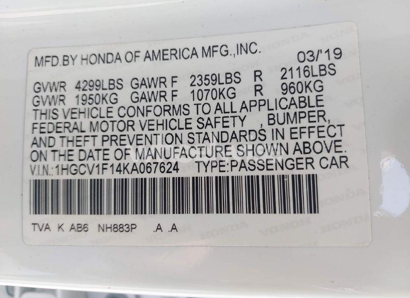 Photo 9 of 2019 Honda Accord LX (VIN 1HGCV1F14KA067624)