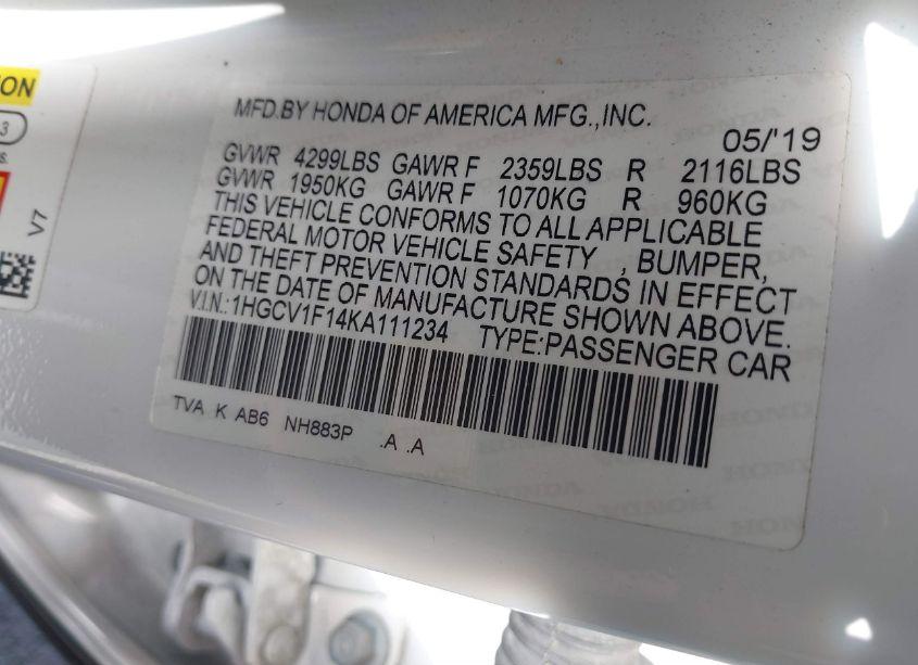 Photo 9 of 2019 Honda Accord LX (VIN 1HGCV1F14KA111234)