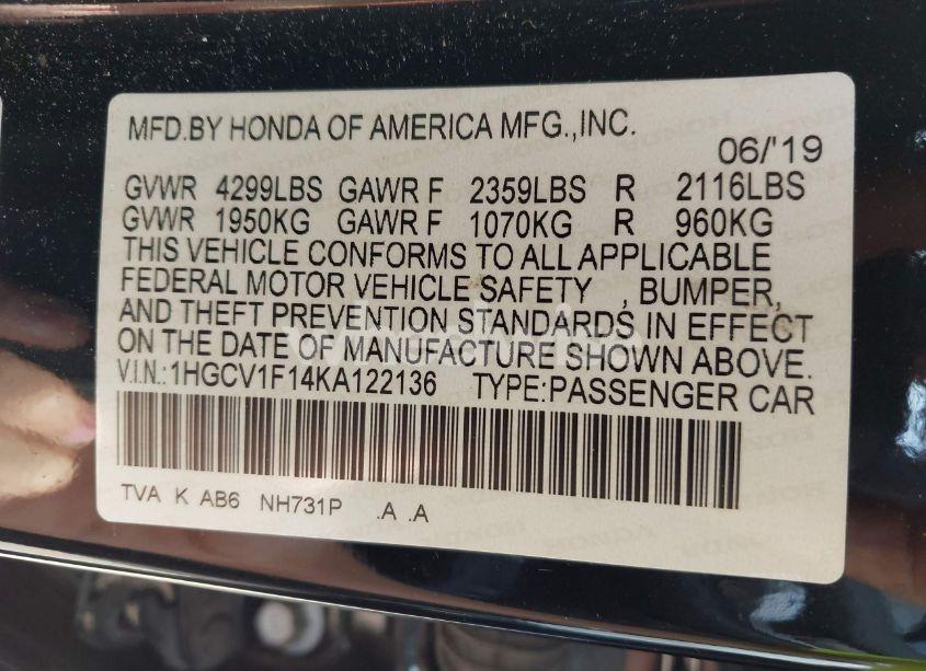 Photo 9 of 2019 Honda Accord LX (VIN 1HGCV1F14KA122136)