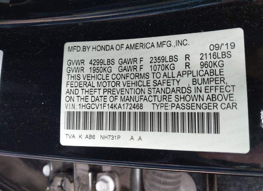 Photo 9 of 2019 Honda Accord LX (VIN 1HGCV1F14KA172468)