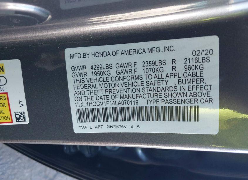 Photo 9 of 2020 Honda Accord LX (VIN 1HGCV1F14LA070119)