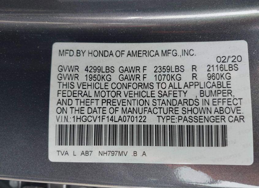 Photo 9 of 2020 Honda Accord LX (VIN 1HGCV1F14LA070122)