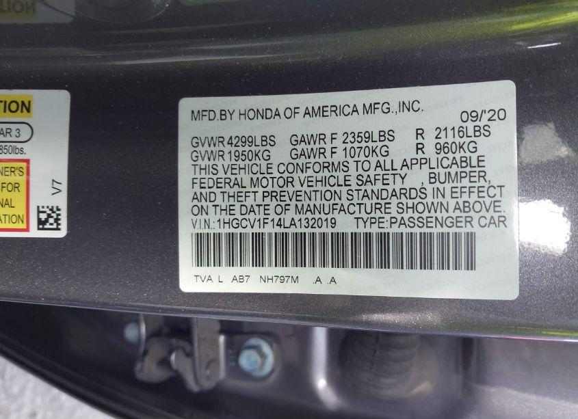Photo 9 of 2020 Honda Accord LX (VIN 1HGCV1F14LA132019)