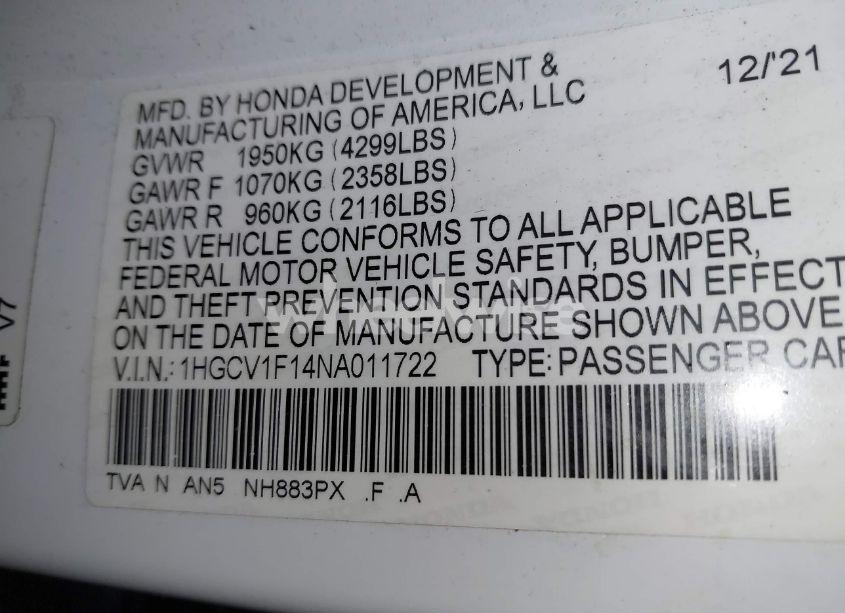 Photo 9 of 2022 Honda Accord LX (VIN 1HGCV1F14NA011722)
