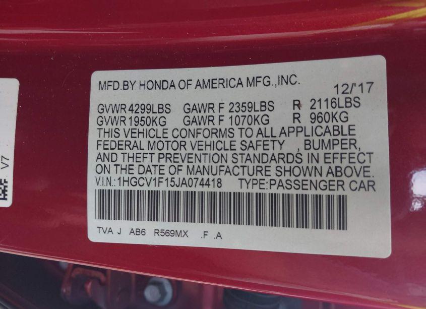 Photo 9 of 2018 Honda Accord LX (VIN 1HGCV1F15JA074418)