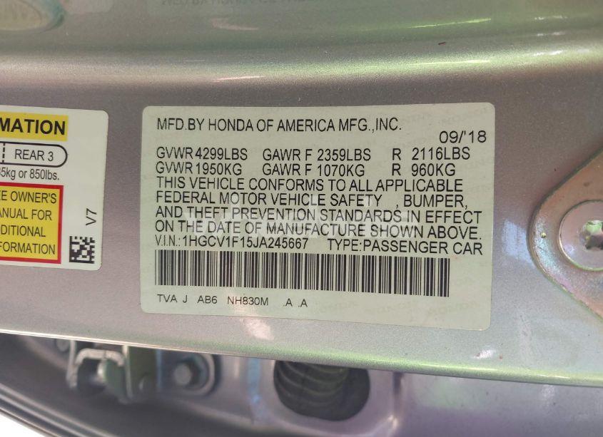 Photo 9 of 2018 Honda Accord LX (VIN 1HGCV1F15JA245667)