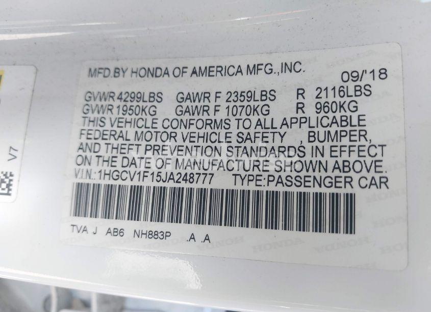 Photo 9 of 2018 Honda Accord LX (VIN 1HGCV1F15JA248777)