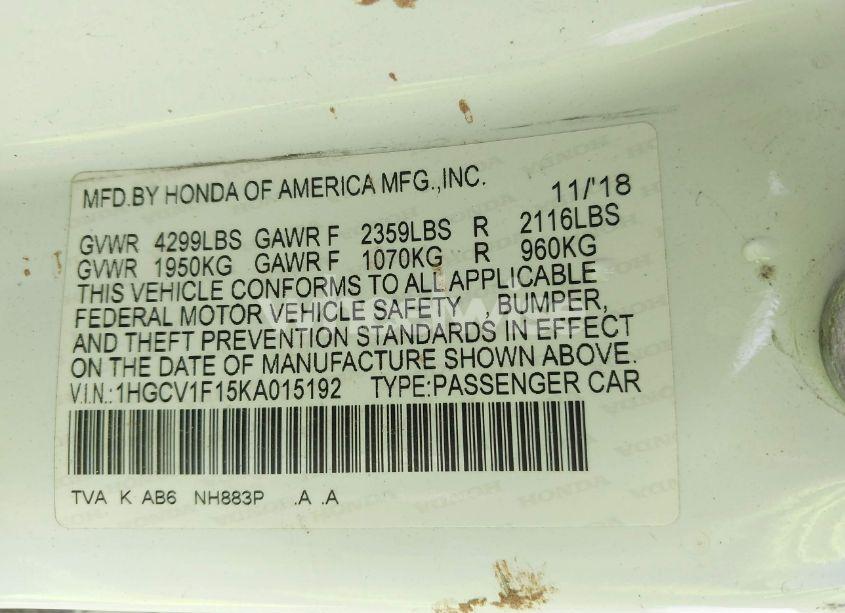 Photo 9 of 2019 Honda Accord LX (VIN 1HGCV1F15KA015192)