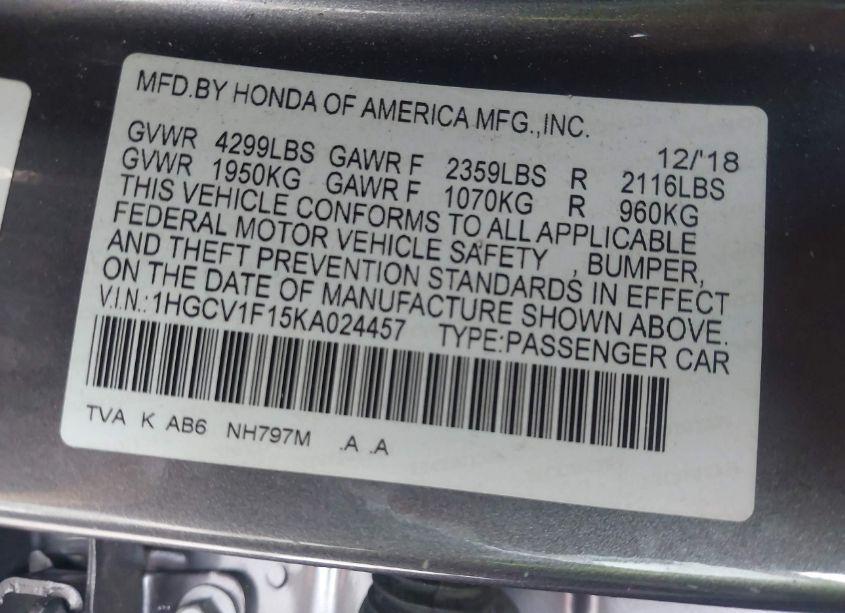 Photo 9 of 2019 Honda Accord LX (VIN 1HGCV1F15KA024457)