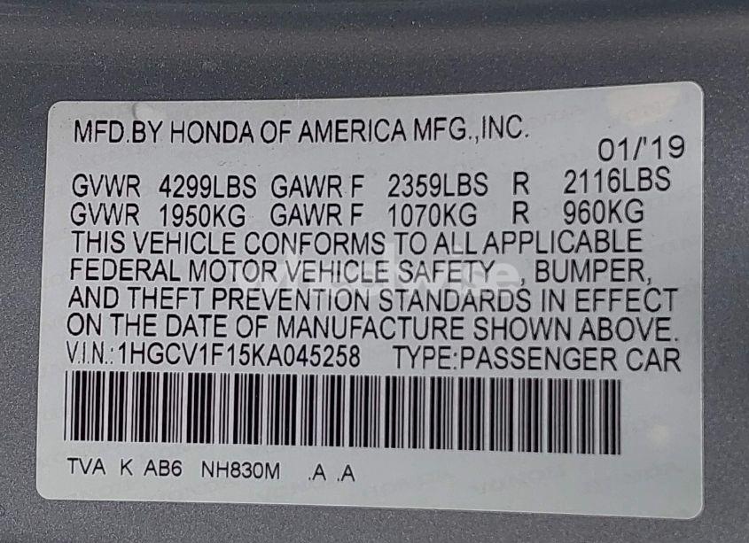Photo 9 of 2019 Honda Accord LX (VIN 1HGCV1F15KA045258)