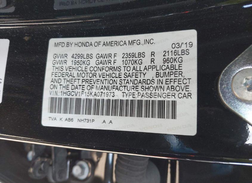Photo 9 of 2019 Honda Accord LX (VIN 1HGCV1F15KA071973)
