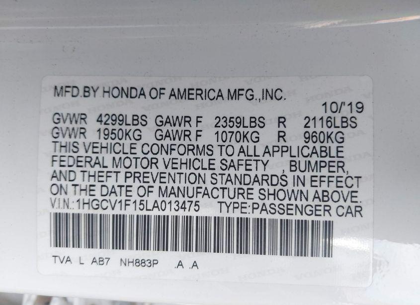 Photo 9 of 2020 Honda Accord LX (VIN 1HGCV1F15LA013475)