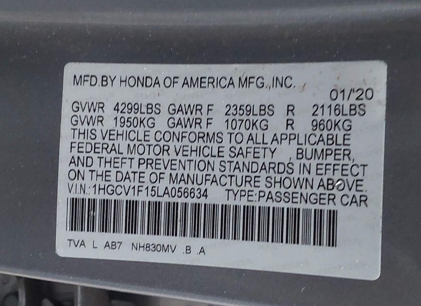 Photo 9 of 2020 Honda Accord LX (VIN 1HGCV1F15LA056634)