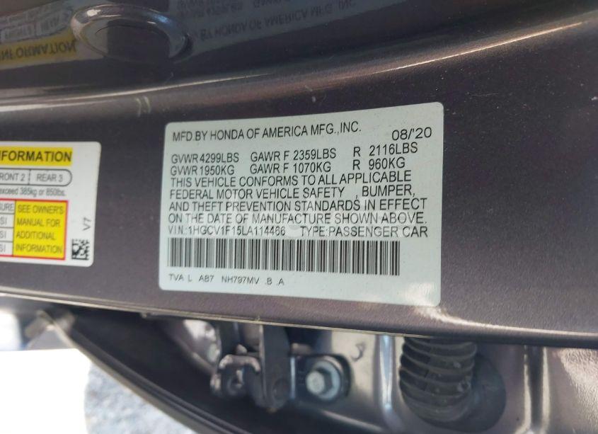 Photo 9 of 2020 Honda Accord LX (VIN 1HGCV1F15LA114466)